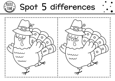 Find Differences Game For Children Thanksgiving Black And White