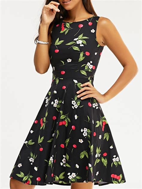 [40 off] vintage sleeveless high waist cherry print women s dress rosegal