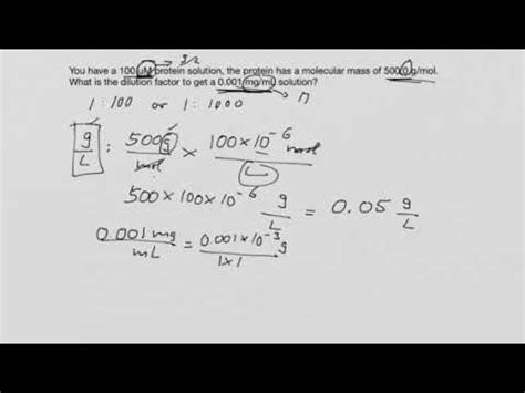 Molar concentration c is the amount of substance in moles in a given volume of substance. Calculating dilution factors - YouTube