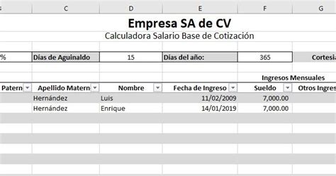Calculo De Salario Base De Cotizaci N Imss Calculadora En Excel Gratis