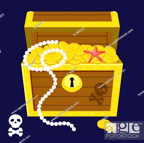 Pirate Treasure Chest Full Of Gold Coins And String Of Pearls Vector In