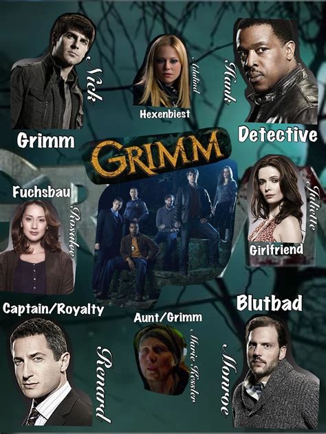 An Image Of The Cast Of Tv Series Grimm On A Dark Background With Trees