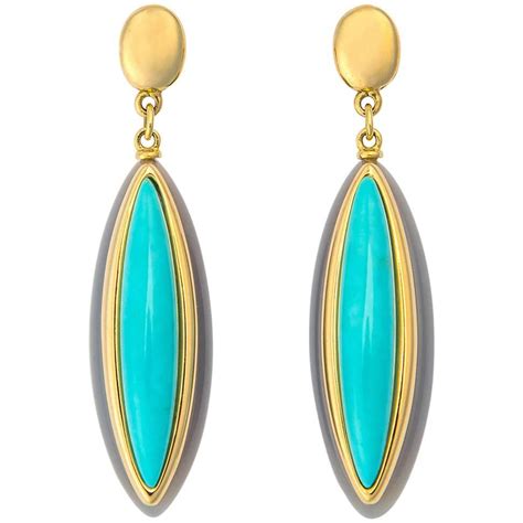 Turquoise Yellow Gold Oval Drop Earrings At 1stDibs