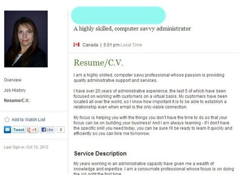 Sample Freelancer Profile To Work As A Virtual Assistant Virtual Assistant Online Work Resume