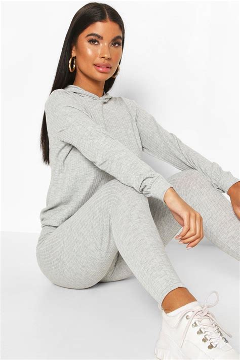 Womens Petite Knitted Soft Rib Hoody And Legging Co Ord Grey 10