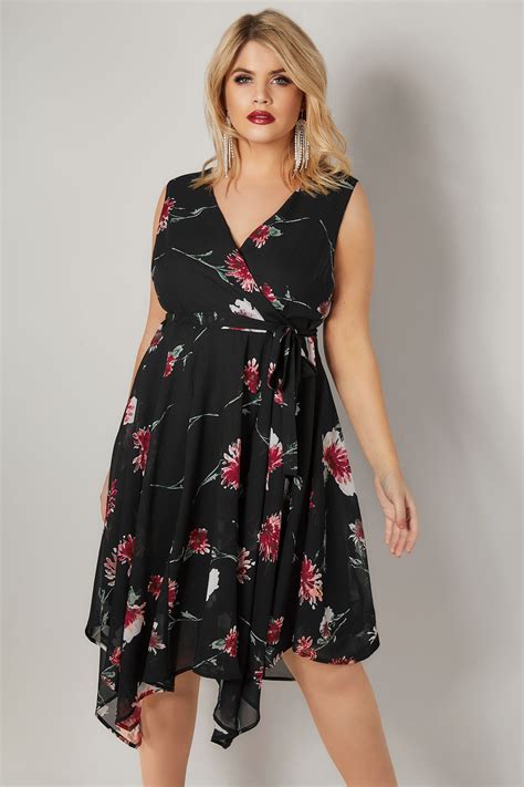 Black And Red Floral Print Wrap Dress With Hanky Hem Plus Size 16 To 36