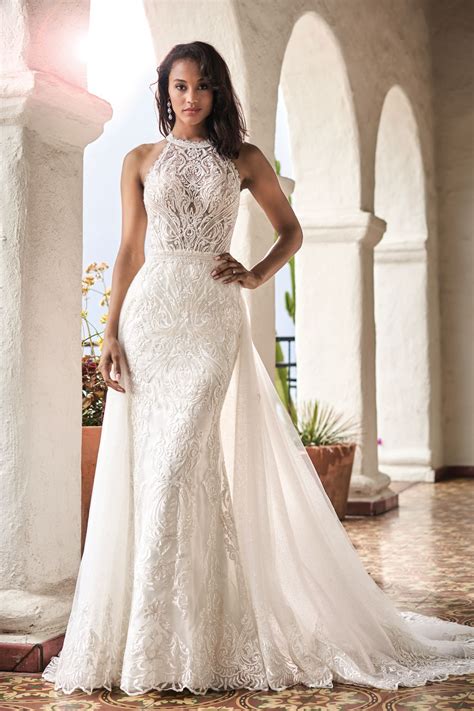 T212056 Romantic Embroidered Lace Wedding Dress With High Halter Neckline