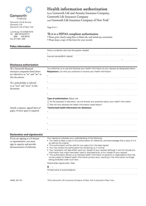 Fillable Health Information Authorization Genworth Printable Pdf Download