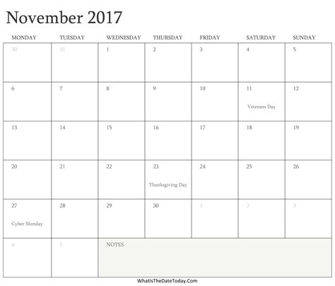 Editable Calendar November 2017 With Holidays Whatisthedatetodaycom