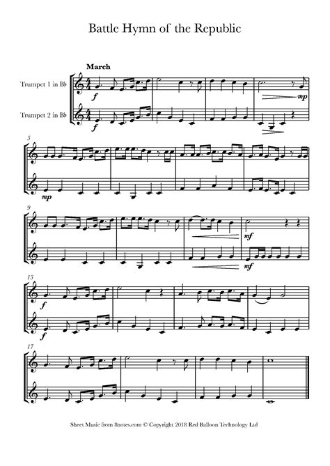 Howe The Battle Hymn Of The Republic Sheet Music For Trumpet Duet