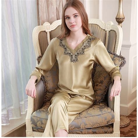 Women 100 Mulberry Silk Twinset Sleepwear Pure Silk Two Piece Long
