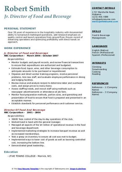 Job applications and cv templates. Director Of Food And Beverage Resume Samples | QwikResume