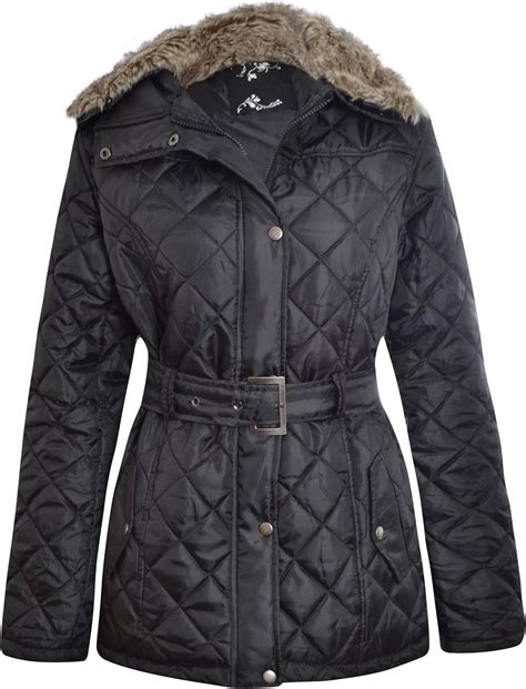 Womens Ladies Padded Black Belted Diamond Quilted Faux Fur Collar