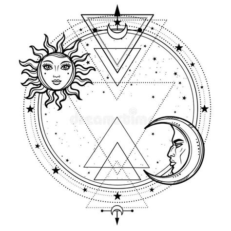 Mystical Drawing Sun And Moon With Human Faces A Star Circle The Place For The Text Sacred