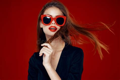 glamorous woman wearing sunglasses red lips posing close up stock image image of face female
