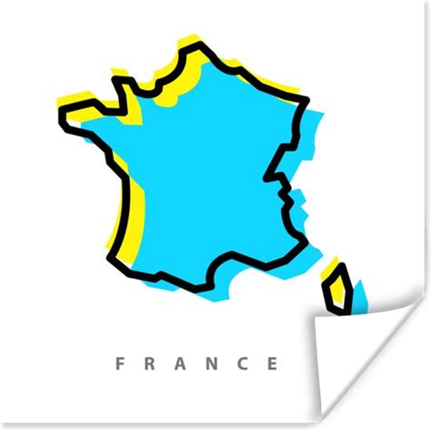 Poster Tekening Van De Kaart Van Frankrijk Blauw Gemarkeerd 100x100