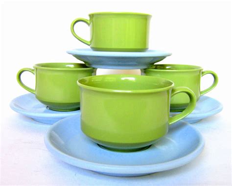 Vintage Melamine Cups Saucers Avocado Green Sky Blue Etsy