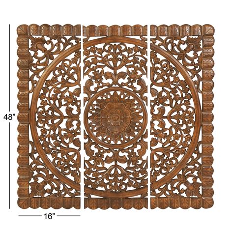 Decmode Brown Wooden Handmade Intricately Carved Floral Wall Decor With