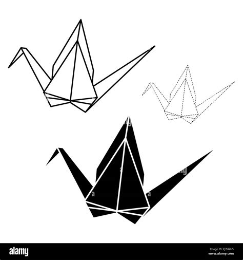 Set Of Origami Crane Vector Outline Silhouette And Dashed Illustration