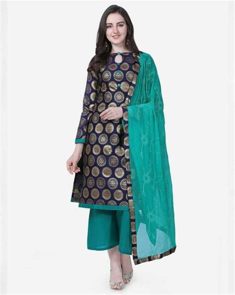 buy navy blue and teal brocade unstitched women s dress material online at best prices in india