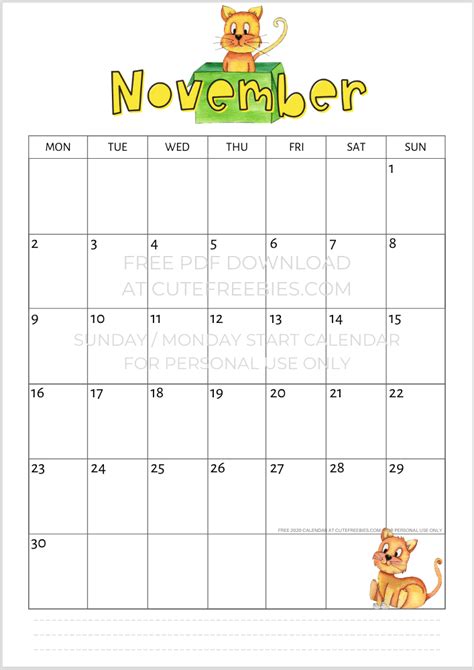 Free Printable November 2020 Calendar Cute Freebies For You