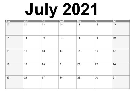 Free Printable July 2021 Calendar Template In Pdf And Word
