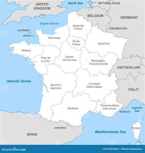 Political Map Of France With Borders With Borders Of Regions Stock