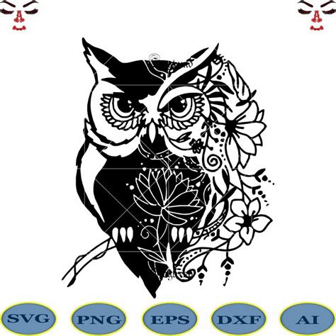 Owl Vector Owl Logo Owl Svg Floral Motifs Mixed Black And White