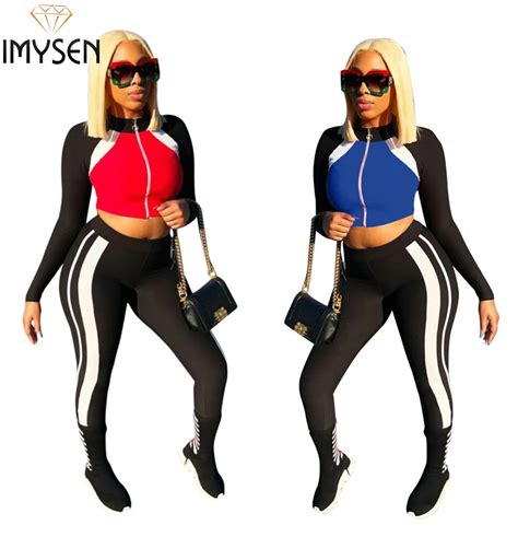 imysen striped tracksuits women two piece set autumn winter stand collar long sleeve cropped