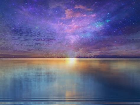 Dramatic Cloudy Sky Moon On Sunset Nebula Lilac Pink Sea Water