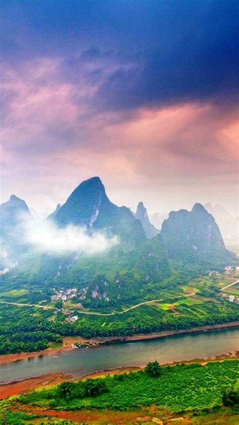 Green Nature Village Guilin China Mountains Iphone Wallpaper
