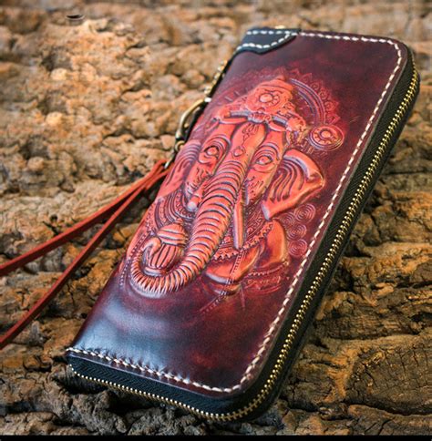 Handmade Leather Mens Chain Biker Wallet Cool Tooled Ganesha Wallet Lo