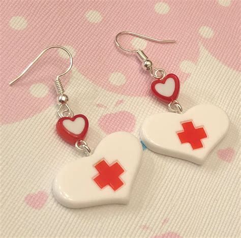 Cute Red Nurse Heart Drop Earrings Menhera Hospital Etsy