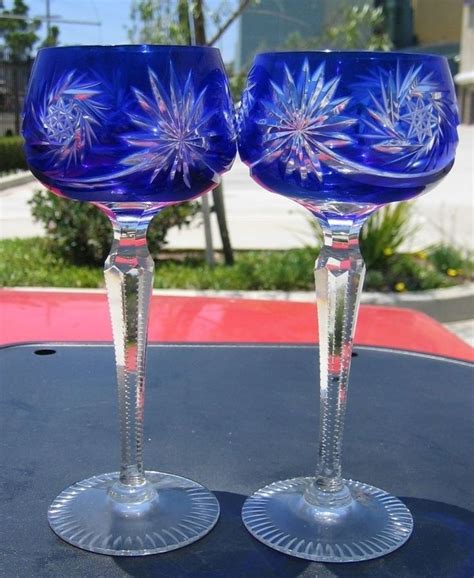 vtg set of 2 cobalt blue wine glasses buzzstar pinwheel bohemian crystal etched us 92 95 in