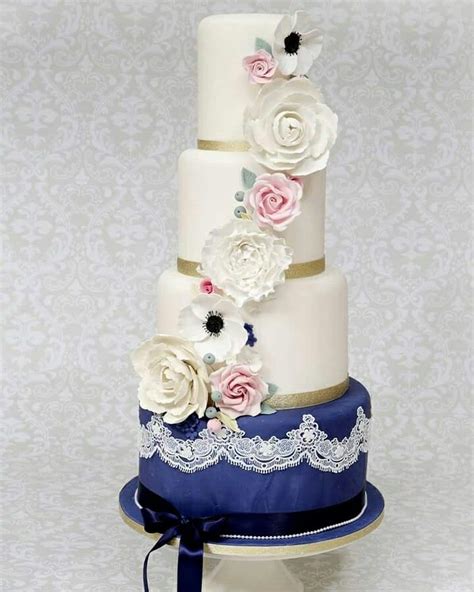 A Navy Blush Gold And White Wedding Cake Featuring Lace And Sugar Flower Cascade With Images