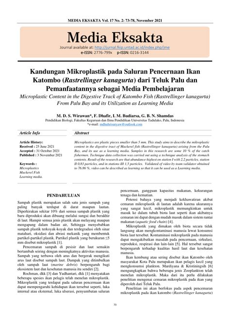 Pdf Kandungan Mikroplastik Pada Saluran Pencernaan Ikan Katombo