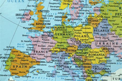 Close Up World Map With Europe Continent Countries And Oceans Stock