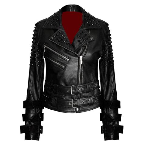 Womens Punk Black Studded Leather Jacket Kill Star Arms Buckled