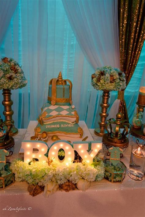 You can decorate the bottles with little labels and ribbons, just like they have in this example. Golden Glamorous Prince Baby Shower - Baby Shower Ideas ...