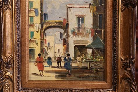 Early 20th Century Italian Street Scene Painting In Gilt Frame Signed