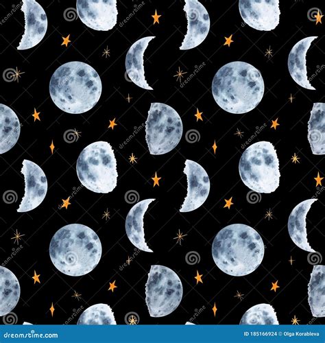 Watercolor Hand Drawn Moon Phases And Stars Seamless Pattern Isolated