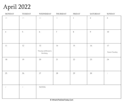 Editable Calendar April 2022 With Holidays Whatisthedatetodaycom