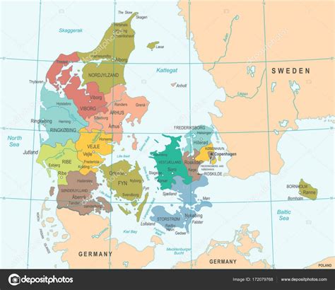 Mapa de regiones de dinamarca. Dinamarca mapa - ilustración vectorial — Vector de stock ...