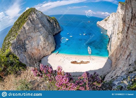 Navagio Beach With Shipwreck And Flowers On Zakynthos Island Greece