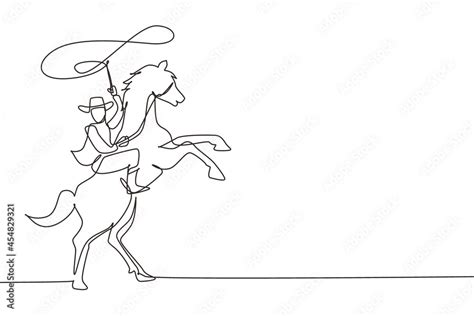 Continuous One Line Drawing Cowboy Throwing Lasso Riding Rearing Up