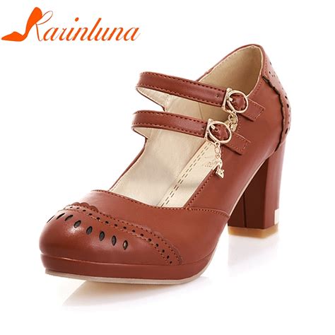 Karinluna New Womens Buckle Strap Spike High Heels Solid Platform Shoes Woman Casual Pumps Plus