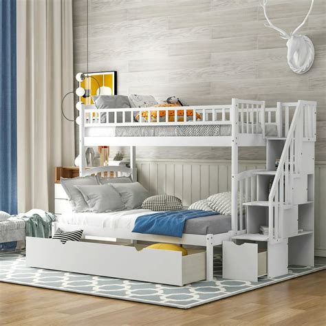 Euroco Solid Wood Twin Over Full Bunk Bed With Storage And Stairway