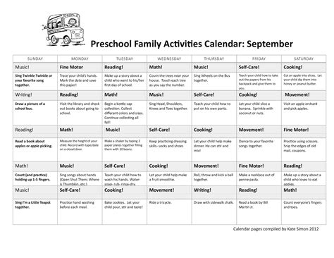 Preschool Activity Calendar Templates At