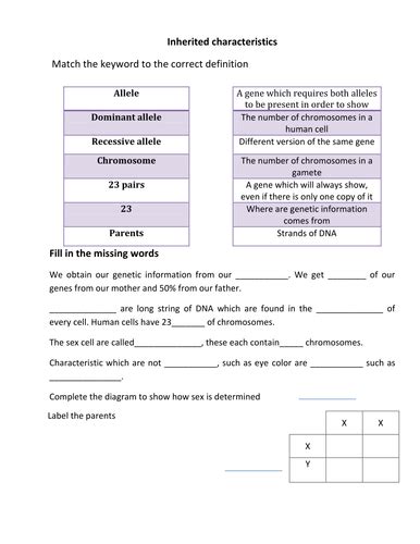 Inherited Characteristics Low Ability Worksheet Teaching Resources