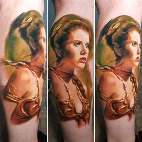 Princess Leia In Gold Bikini From Star Wars Return Of The Jedi Portrait Realistic Tattoo